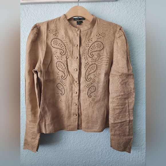 Ralph Lauren blouse linen eyelet  long sleeve bohemian peaseant cottagecore - Picture 2 of 10
